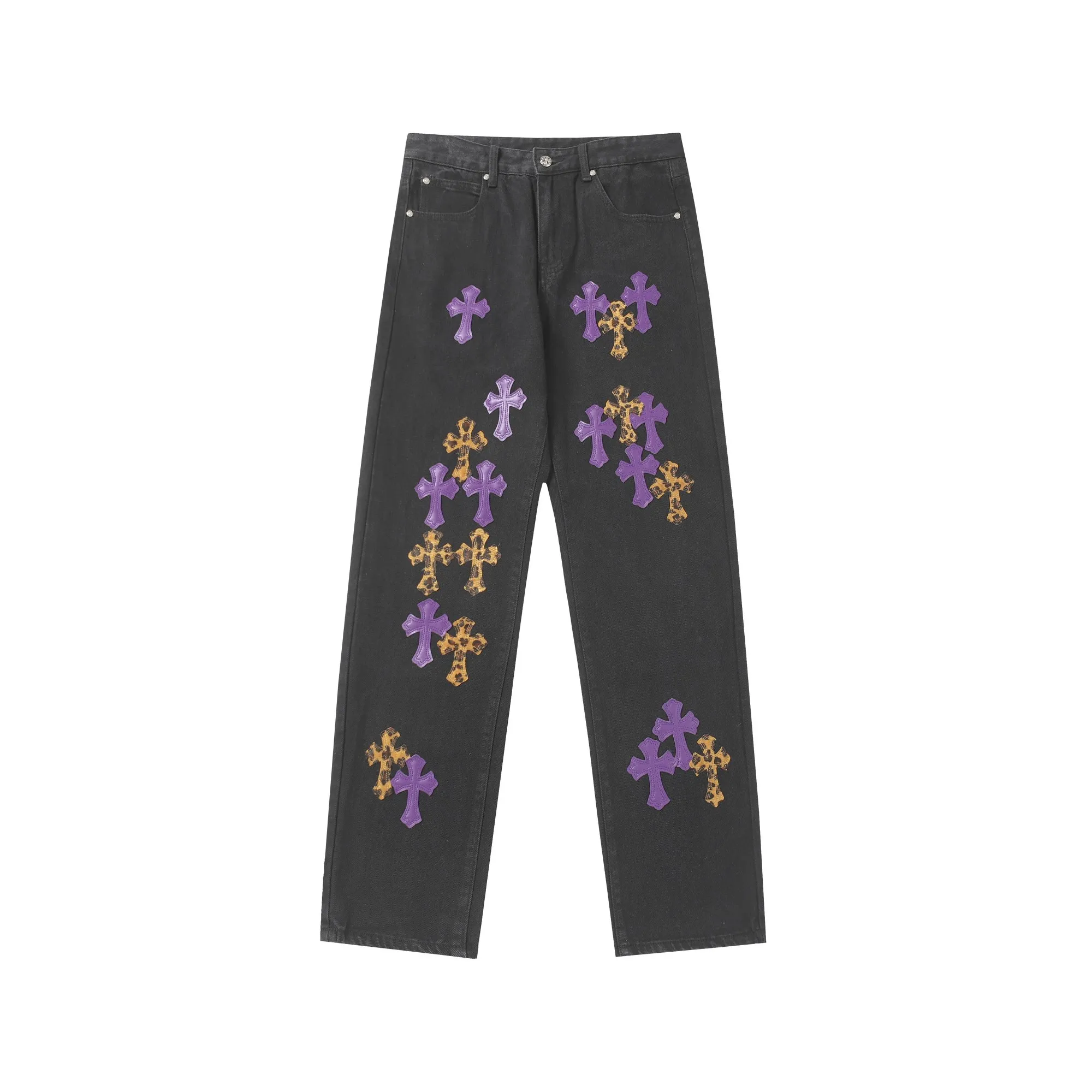 KE981 P240 The only correct leather label version on the market Chrome Hearts CH Washed distressed leopard print color patchwork leather jeans Top ceiling quality 100% correct version The correct version is here!  Believe me this must be the best quality you will ever come across! ! Excellent value for money! !  Styles with different washes and textures are very friendly to people with thin legs and thick legs. The straight version is very flattering to the shape of the legs. The moderate length is timeless and easy to match. It is the basis of various styles and a must-have in the wardrobe! ! Add a little stacking to make the atmosphere easy to control. The fabric is stiff but the upper body is soft without losing texture. The sides and cuffs of some styles have a bone-wash effect. It’s really hard not to love it!  ✅Correctly customize the Croxin metal leather label on the back panel. It is definitely not sold directly with the cross on the finished jeans. 1:1 copying strives for excellence and the details are perfectly grasped. ✅The cross leather label is clear and smooth. Exquisite turning top craftsmanship. ✅Buttons, zippers and hardware are all customized versions of the Croxin LOGO. ✅High-cost washing process. Size: 28 30 32 34 36